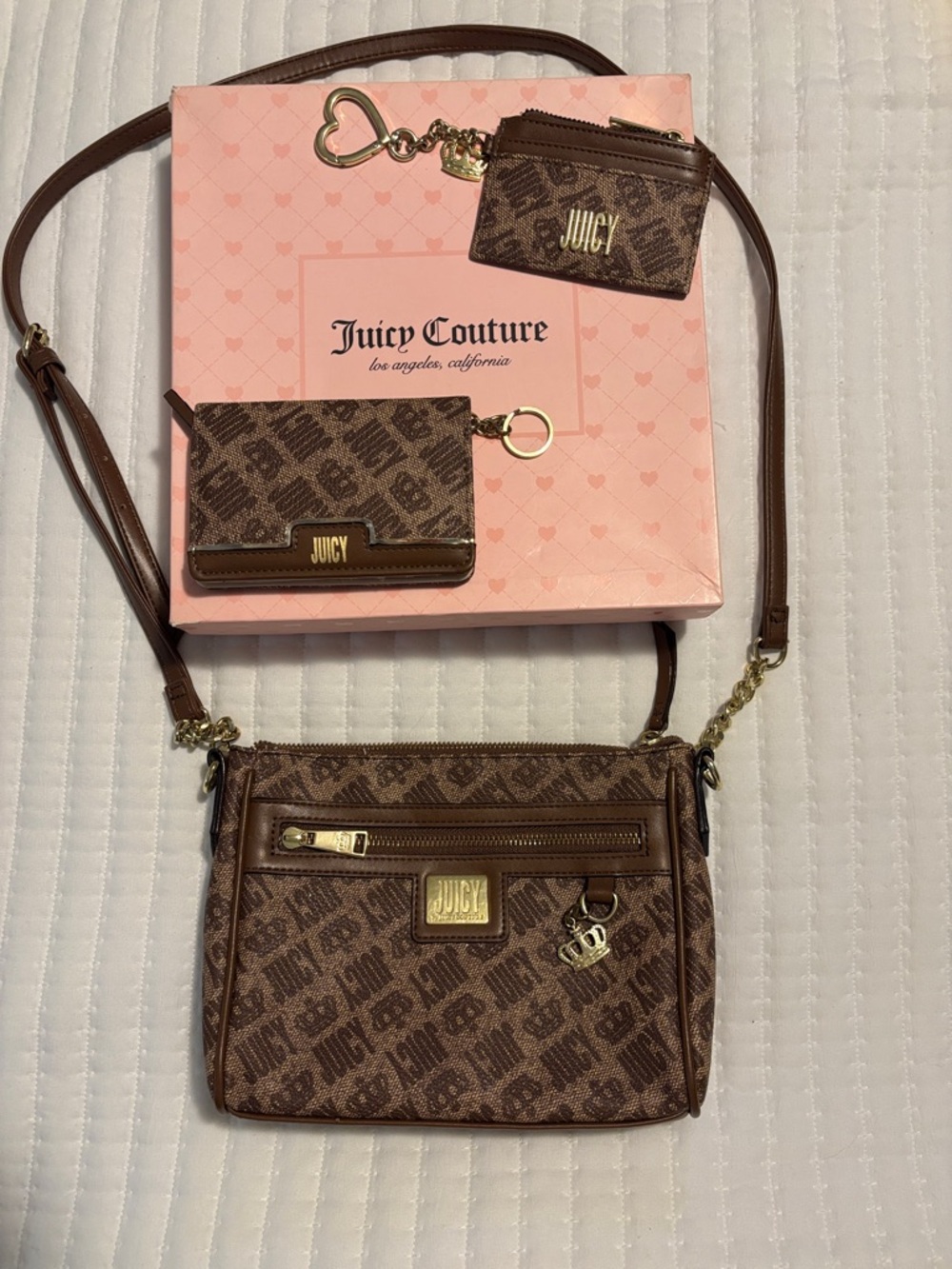 Juicy Couture Brown Logo Crossbody Bag with Matching Card Case & Zip Pouch